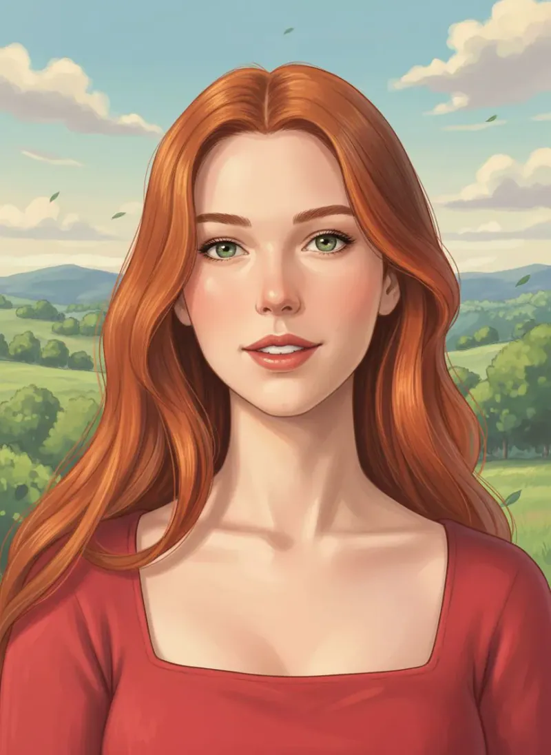 Transformare AI: portret desenat ca ilustrație, pe un fundal de dealuri verzi